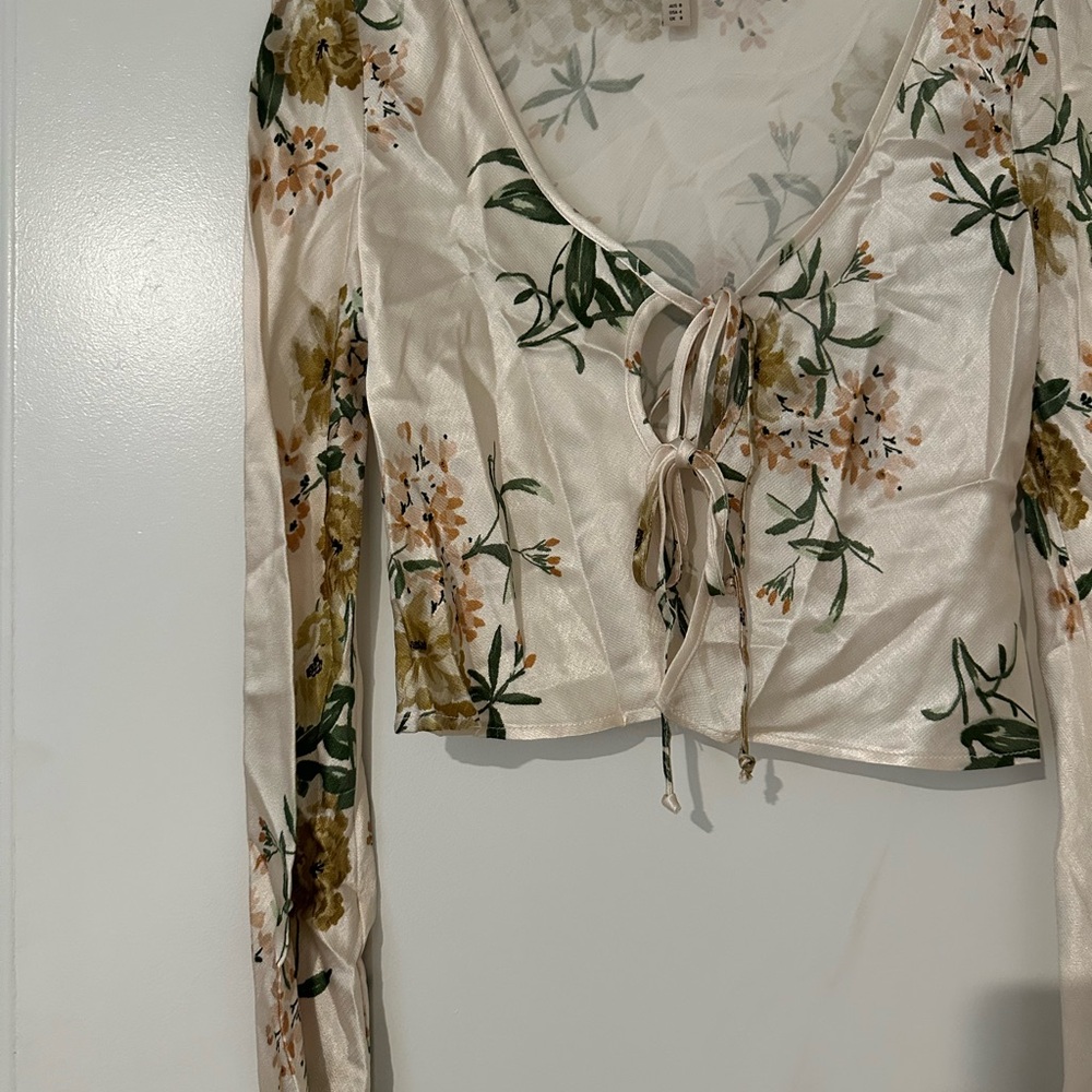 bec + bridge Cream Long Sleeve Crop Tie Front Blouse